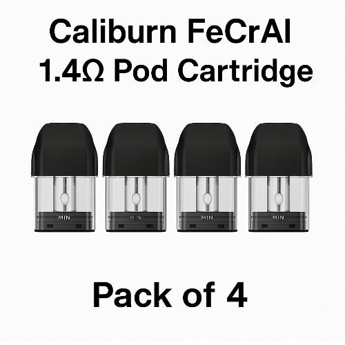 Pack of four Caliburn FeCrAl 1.4Ω pod cartridges on a white background
