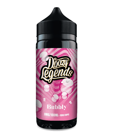 Doozy Legends Bubbly vape juice bottle with pink label on a transparent background