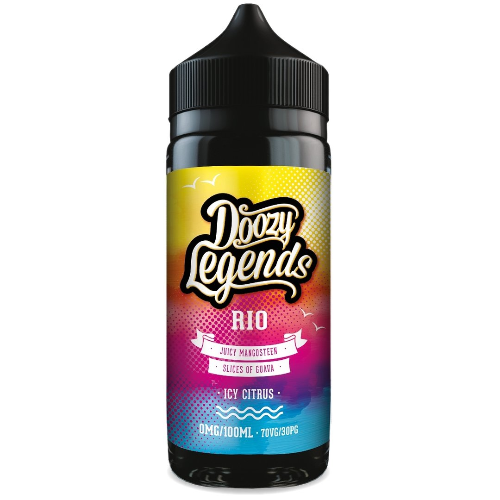 Doozy Legends Rio vape juice bottle with colorful label on a white background