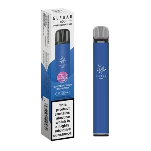 Elf Bar vape pen and packaging on a white background ELFBAR 600 BLUEBERRY_SOUR_RASPBERRY