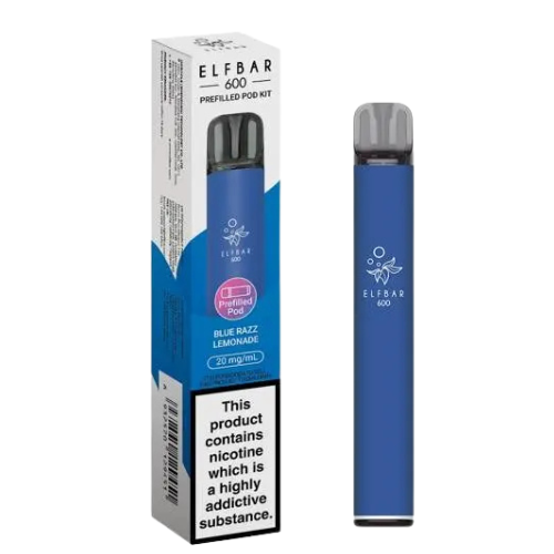 Elf Bar 600 vape pen and packaging on a white background- ELFBAR 600 Blue_razz_lemonade