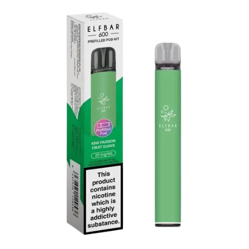 Green vape pen with packaging labeled 'ELF BAR' on a white background-  ELFBAR 600 Kiwi_passion_fruit_guava