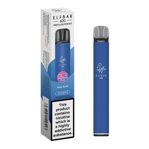 Blue Elfbar vape pen with packaging on a white background   ELFBAR 600 MAD BLUE
