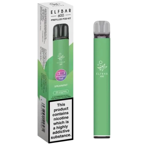 Green vape device with packaging labeled 'ELF BAR 600' on a white background- ELFBAR 600 SPEARMINT 

