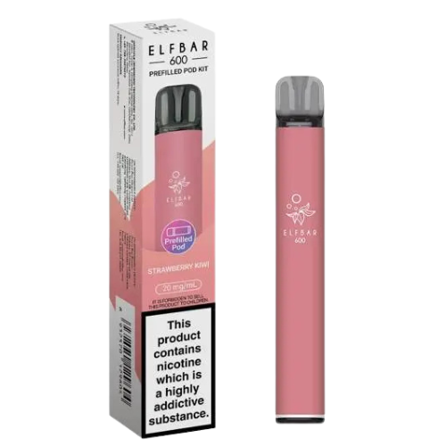 Pink vape pen with packaging labeled 'Elfbar' on a white background-ELFBAR 600 Strawberry_kiwi