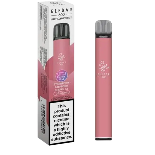 Pink vape pen with packaging labeled 'Elf Bar 600' on a white background-  ELFBAR 600 Strawberry_rassberry_cherry_ice