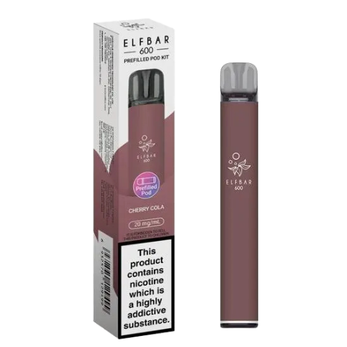 Elfbar vape pen and packaging on a white background  ELFBAR 600 cherry_cola