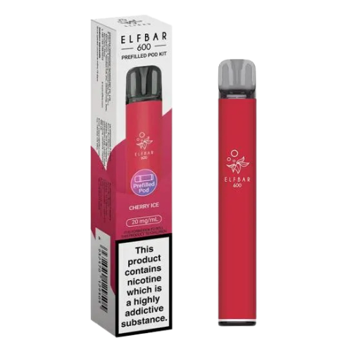 Red Elf Bar vape pen with packaging on a white background-  ELFBAR 600 cherry_ice