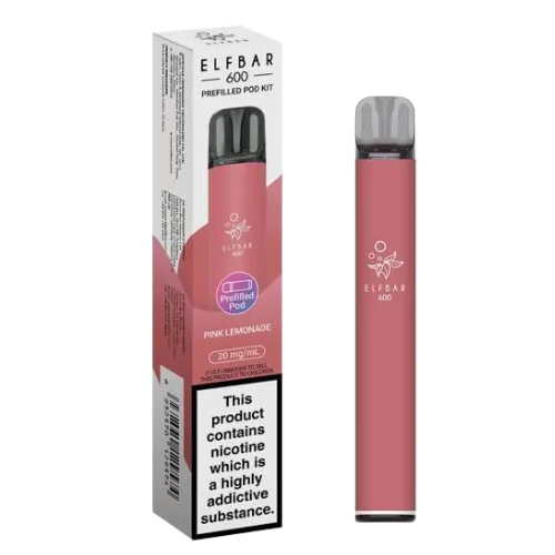Elfbar 600 pink lemonade vape pen and packaging on a white background - ELFBAR 600 pink_lemonade