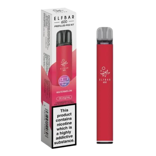 Red vape pen with ELF BAR branding and packaging on a white background- ELFBAR 600 watermelon