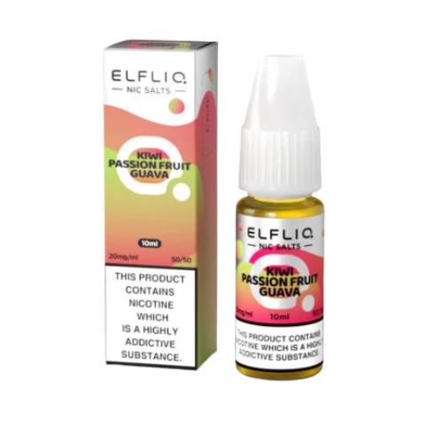 Elfliq Kiwi Passion Fruit Guava e-liquid bottle and packaging on a white background-ELF LIQ NIC SALTS 5MG/10ML KIWI PASSION FRUIT GUAVA  