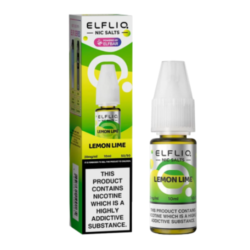 Elfliq Lemon Lime e-liquid bottle and packaging on a white background- ELF LIQ NIC SALTS 5MG/10ML LemonLime