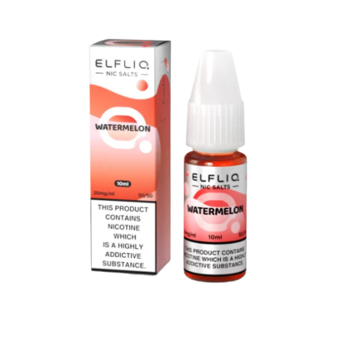 Elfliq watermelon nicotine salt e-liquid bottle and packaging on a white background- ELF LIQ NIC SALTS 5MG/10ML watermelonice 