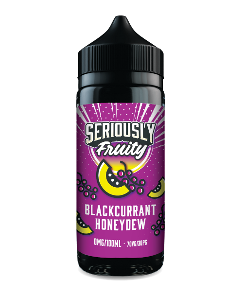 Blackcurrant honeydew vape juice bottle with purple label on a white background