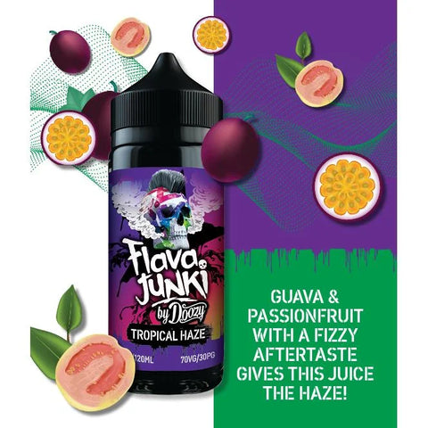 Flava Junkie by Doozy vape juice bottle with guava and passionfruit graphics on a purple and green background