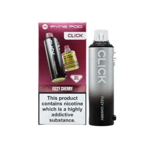 Pyne Pod Click Fizzy Cherry vape device and packaging on a white background