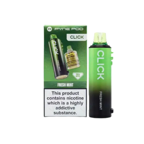 Green vape device with packaging labeled 'Click' on a white background