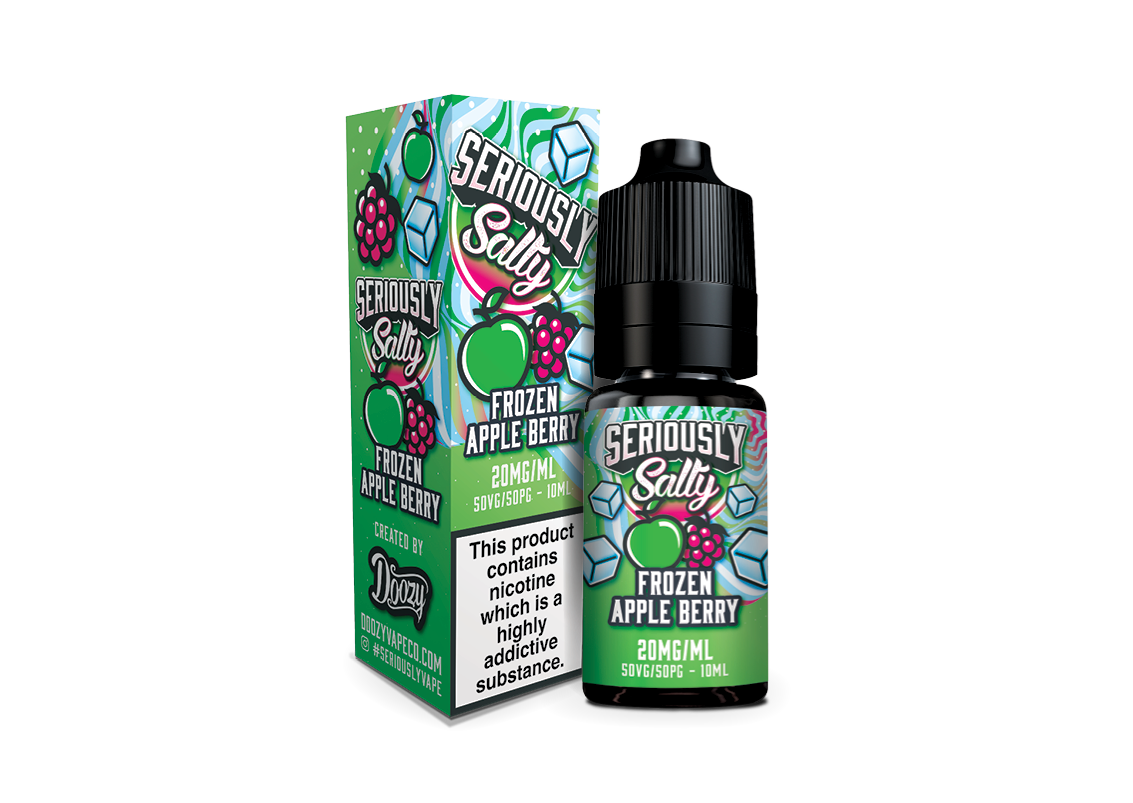 Seriously Salty Frozen Apple Berry vape juice bottle and packaging on a white background