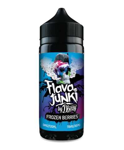 Flavo Junkie by Doozy Frozen Berries vape juice bottle on a white background
