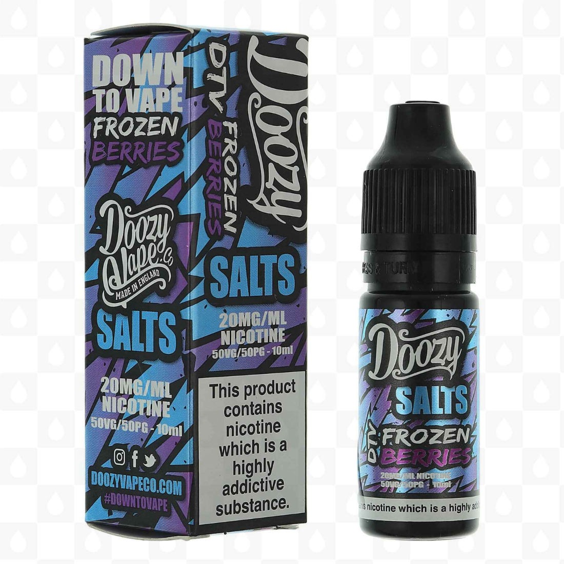 Doozy Vapes Frozen Berries vape juice packaging and bottle on a white background