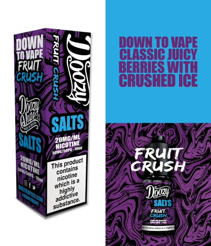 Doozy Salts Fruit Crush vape juice packaging with purple and blue design.