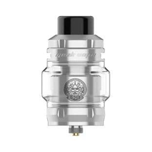 Clear vaping device with metallic top on a white background