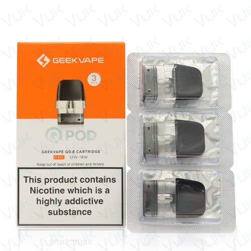 Geekvape Q Pod vaping device packaging with nicotine warning label on a white background