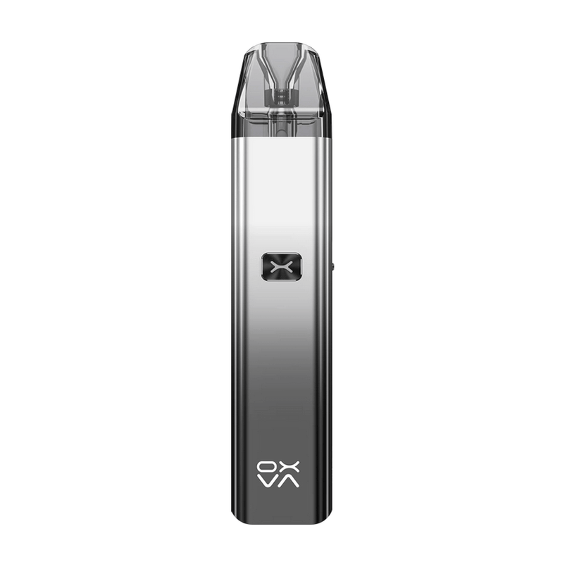 Silver and black vape device on a white background