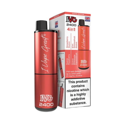 Red IVG vape device with packaging on a white background 4 in 1  Guava_edtion