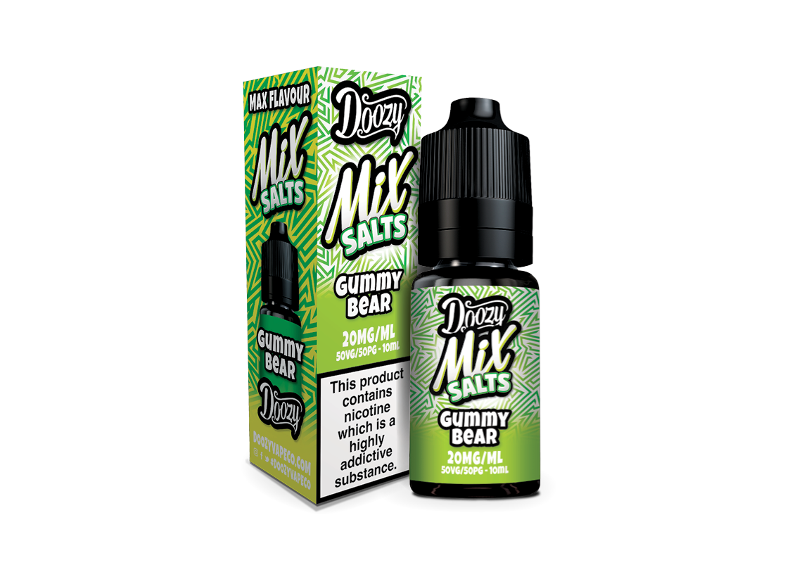 Doozy Mix Salts Gummy Bear vape juice bottle and packaging on a white background