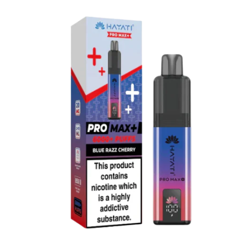 Hayati Pro Max+ vape device and packaging on a white background HAYATI PRO MAX 6K Blue razz cherry
