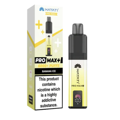 Hayati Pro Max+ vape device and packaging on a white background  HAYATI PRO MAX 6K Bananice 