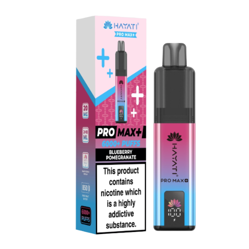 Hayati Pro Max+ vape device and packaging on a white background- HAYATI PRO MAX 6K Blueberrypomegrante
