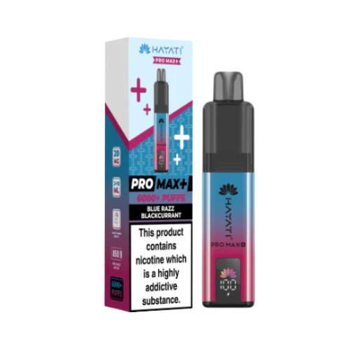 Hayati Pro Max+ vape pen and packaging on a white background HAYATI PRO MAX 6K Bluerazzblackcurrent
