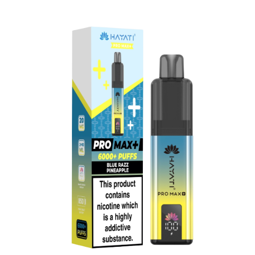 Hayati Pro Max+ vape device and packaging on a white background - HAYATI PRO MAX 6K Bluerazzpineapple