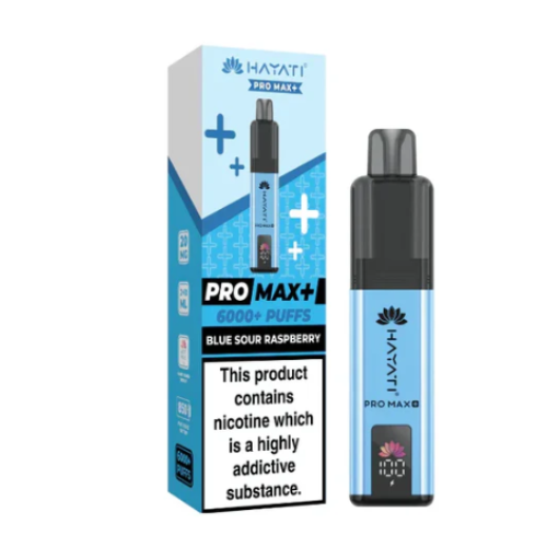 Vaping device and packaging with 'HATARI' branding on a white background- HAYATI PRO MAX 6K Bluesourrassberry