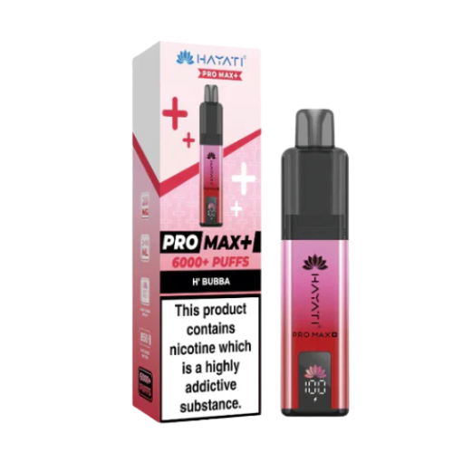 Hayati Pro Max+ vape device and packaging on a white background- HAYATI PRO MAX 6K HBubba