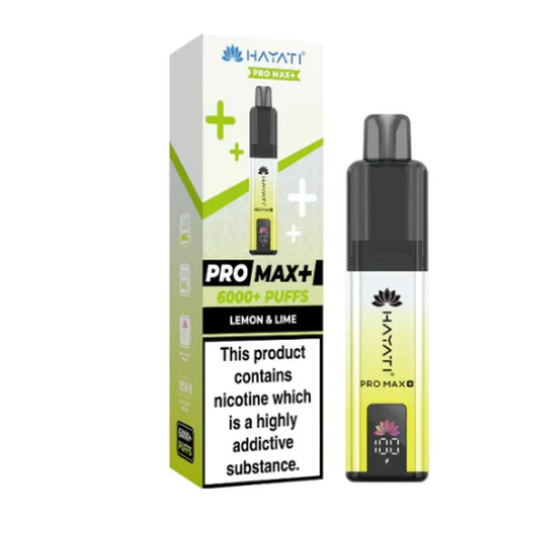 Hayati Pro Max+ vape device and packaging on a white background HAYATI PRO MAX 6K LemonLime