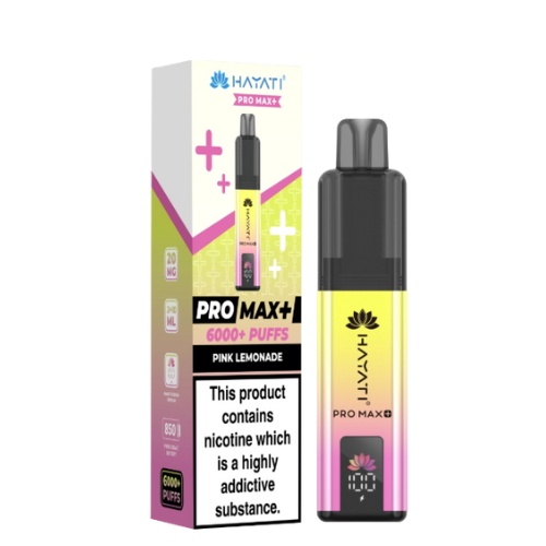 Hayati Pro Max+ vape device and packaging on a white background HAYATI PRO MAX 6K PinkLemonde
