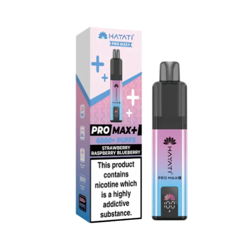 Hayati Pro Max+ vape device and packaging on a white background HAYATI PRO MAX 6K Strawberryraspberryblueberry