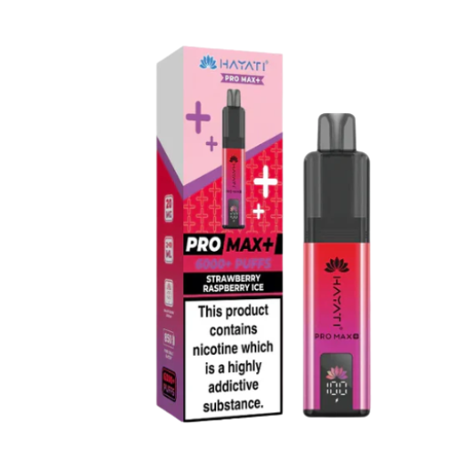 Hayati Pro Max+ vape pen and packaging on a white background HAYATI PRO MAX 6K Strawberryraspberryice
