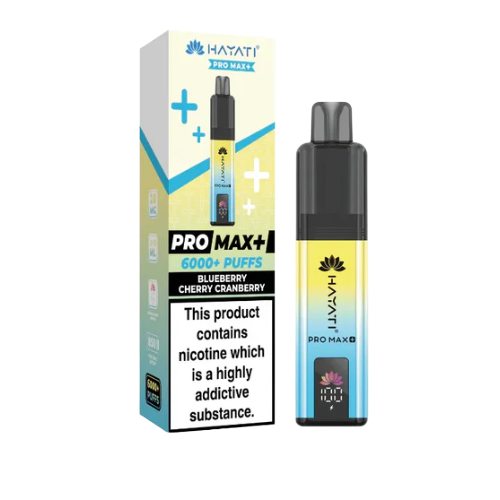 Hayati Pro Max+ vape device and packaging on a white background  HAYATI PRO MAX 6K blueberrycherrycranberry