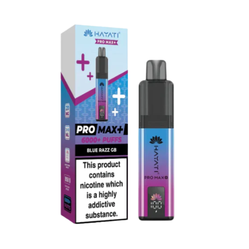 Hayati Pro Max+ vape device and packaging on a white background HAYATI PRO MAX 6K bluerazzGB
