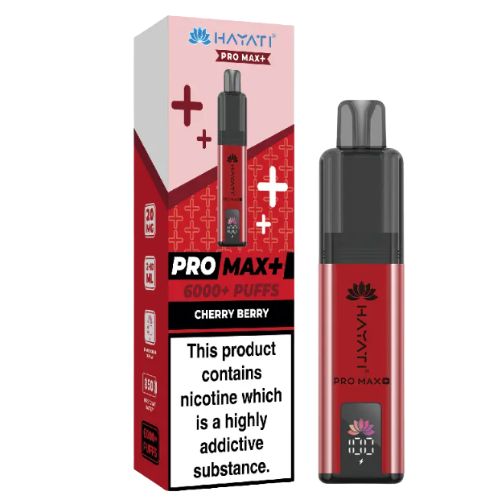 Hayati Pro Max+ vape device and packaging on a white background - HAYATI PRO MAX 6K cherryberry