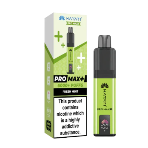 Hayati Pro Max+ vape device and packaging on a white background HAYATI PRO MAX 6K freshmint