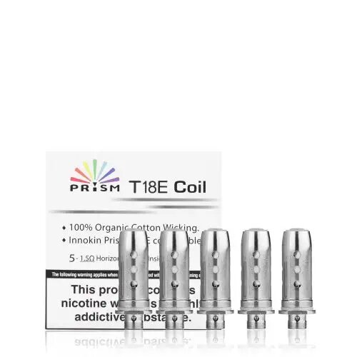 Prism T18E Coils packaging with five silver coils on a white background