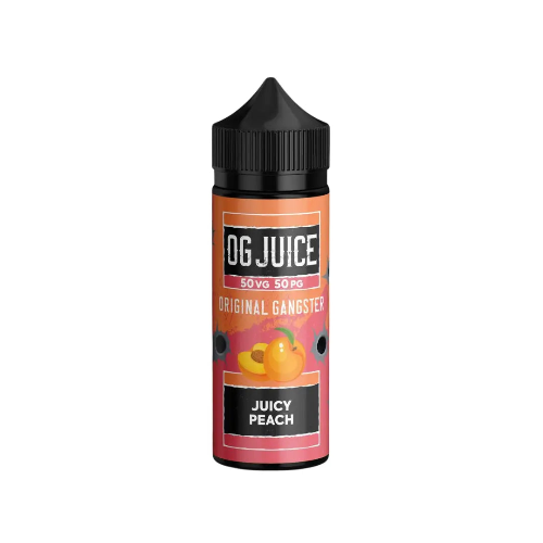 OG Juice Juicy Peach vape juice bottle on a white background
