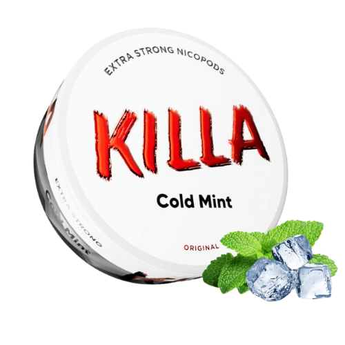 Killa Cold Mint nicotine pod packaging with mint leaves and ice cubes on a white background-Killa Cold Mint