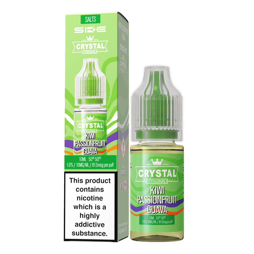 Crystal Kiwi Passionfruit Guava vape juice bottle and packaging on a white background