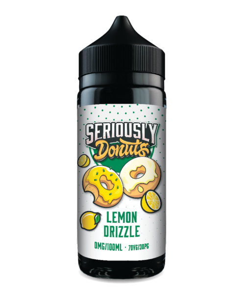 Seriously Donuts Lemon Drizzle vape juice bottle on a white background